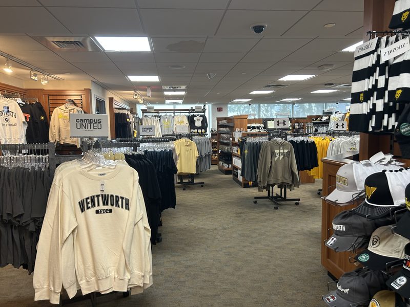 Inside the bookstore: racks of Wentworth sweatshirts, shirts and hats with wide, open aisles