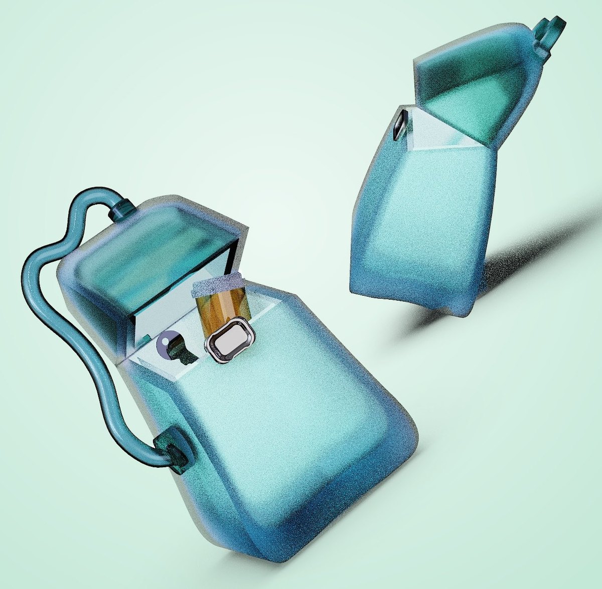 Render of MediGo in translucent teal: one opened to show a pill bottle and compartments inside, a second closed behind it