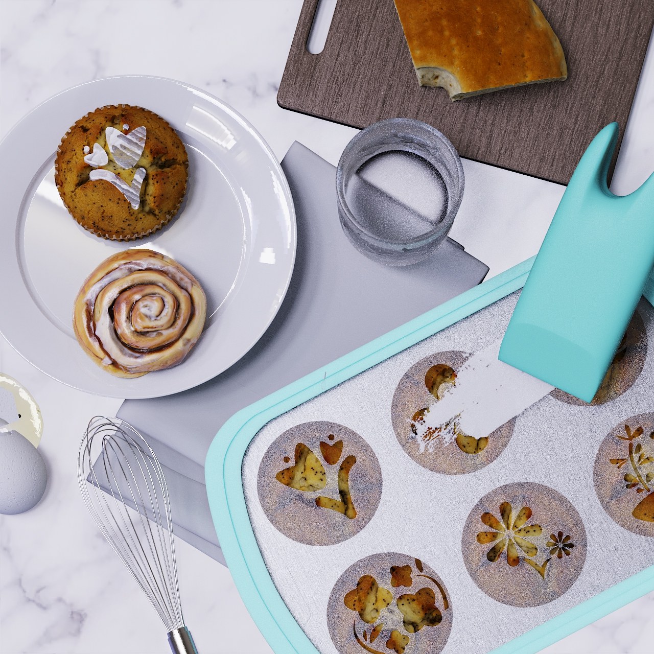 Top-down render of the SweetStencil on a marble counter: the squeegee spreading icing across the floral stencil over the muffin tin, beside a whisk, a cracked egg, a cutting board and finished cupcakes