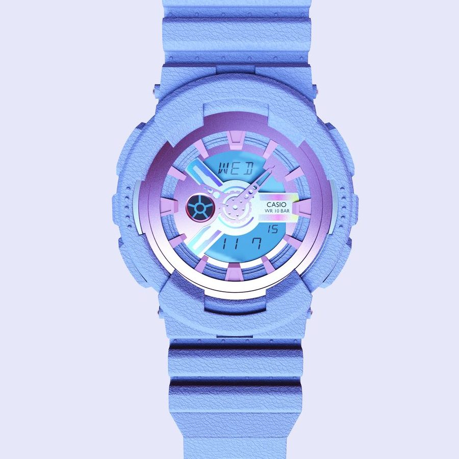 Periwinkle watch render with a textured strap and an iridescent pink and blue dial