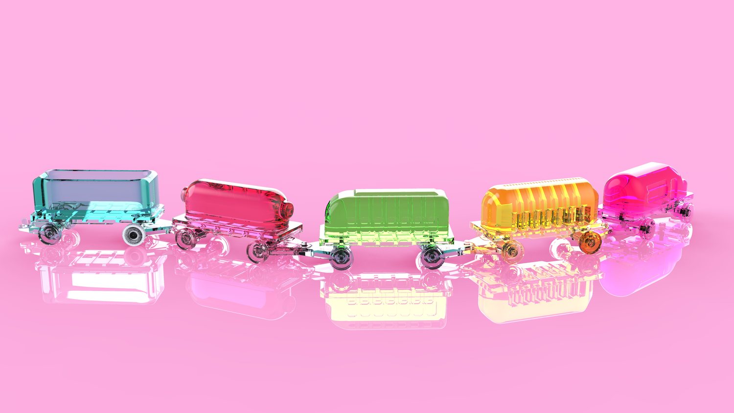 Candy Cars: a train of five translucent candy-colored cars in teal, red, green, orange and pink on a glossy pink floor